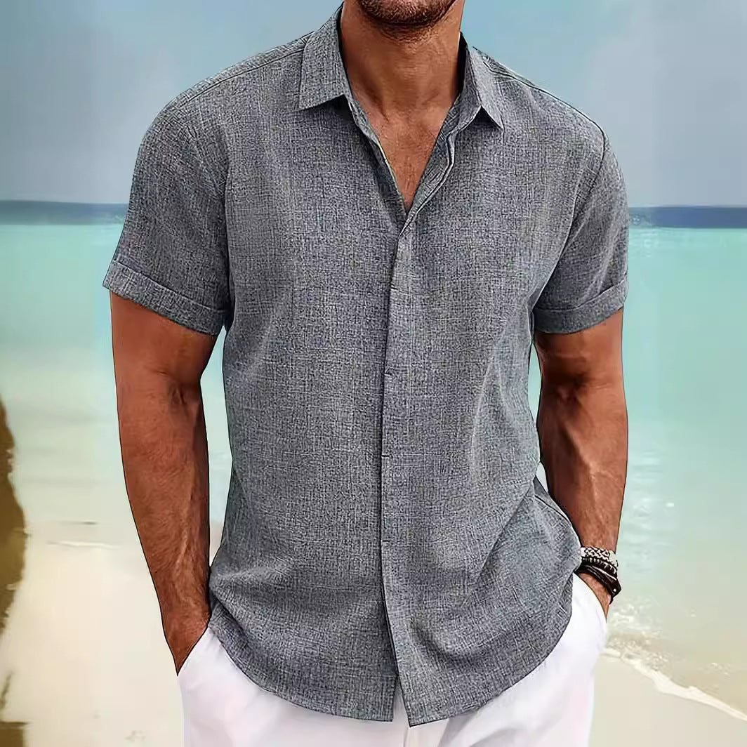 Wholesale Men's Linen Polyester Casual Solid Color Short Sleeve Men's Shirts - front view