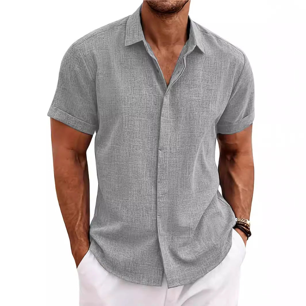 Wholesale Men's Linen Polyester Casual Solid Color Short Sleeve Men's Shirts - view 2