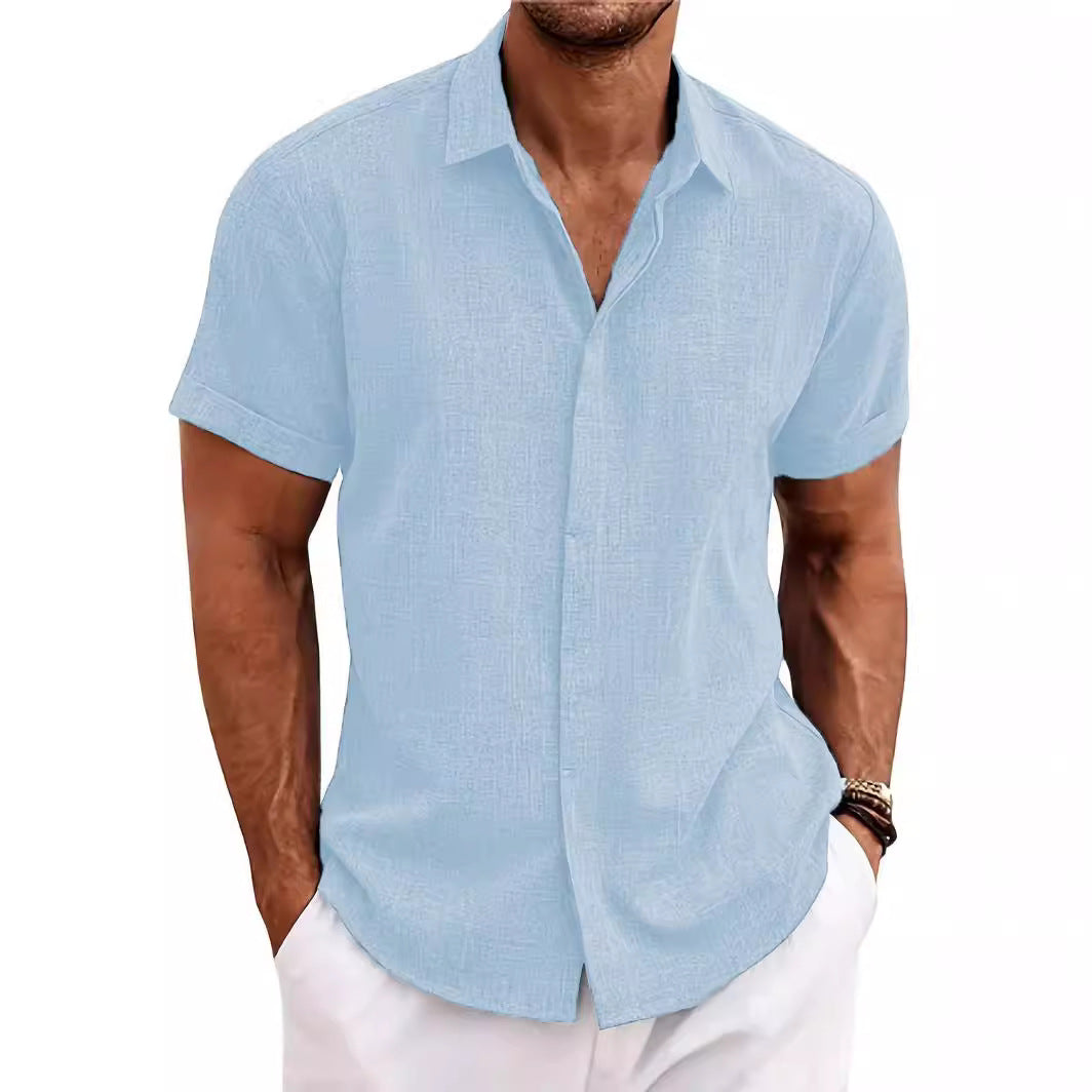 Wholesale Men's Linen Polyester Casual Solid Color Short Sleeve Men's Shirts - view 3
