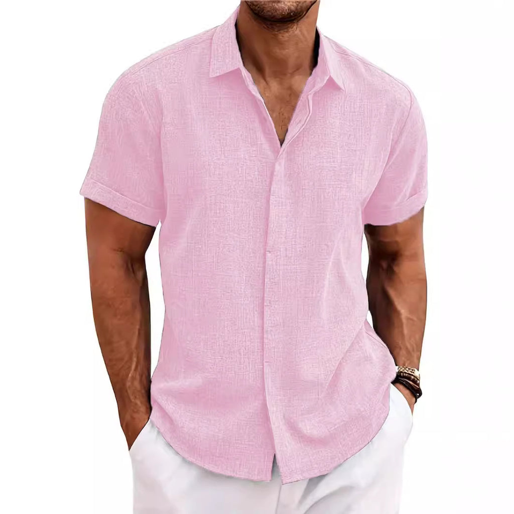 Wholesale Men's Linen Polyester Casual Solid Color Short Sleeve Men's Shirts - view 4