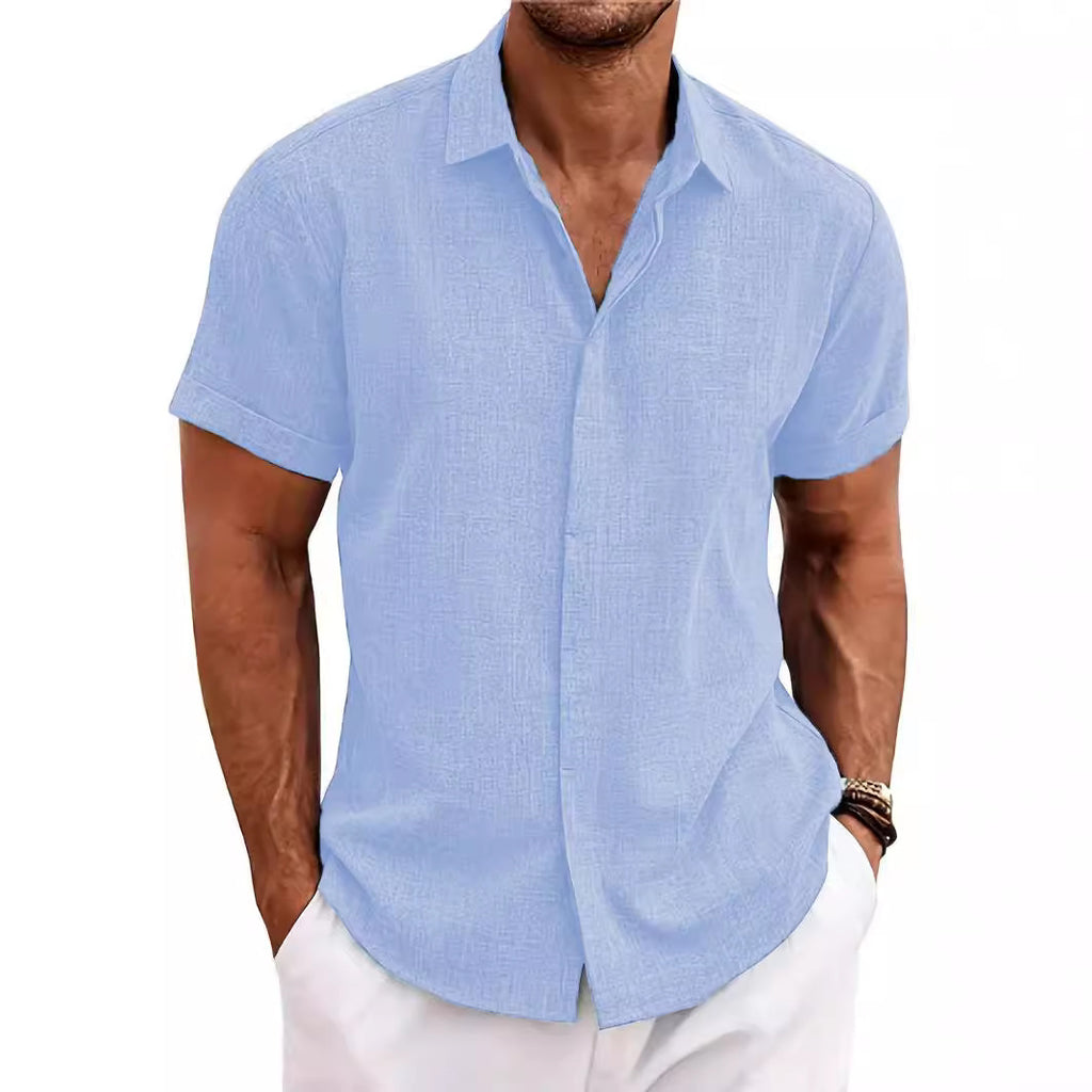 Wholesale Men's Linen Polyester Casual Solid Color Short Sleeve Men's Shirts - view 5