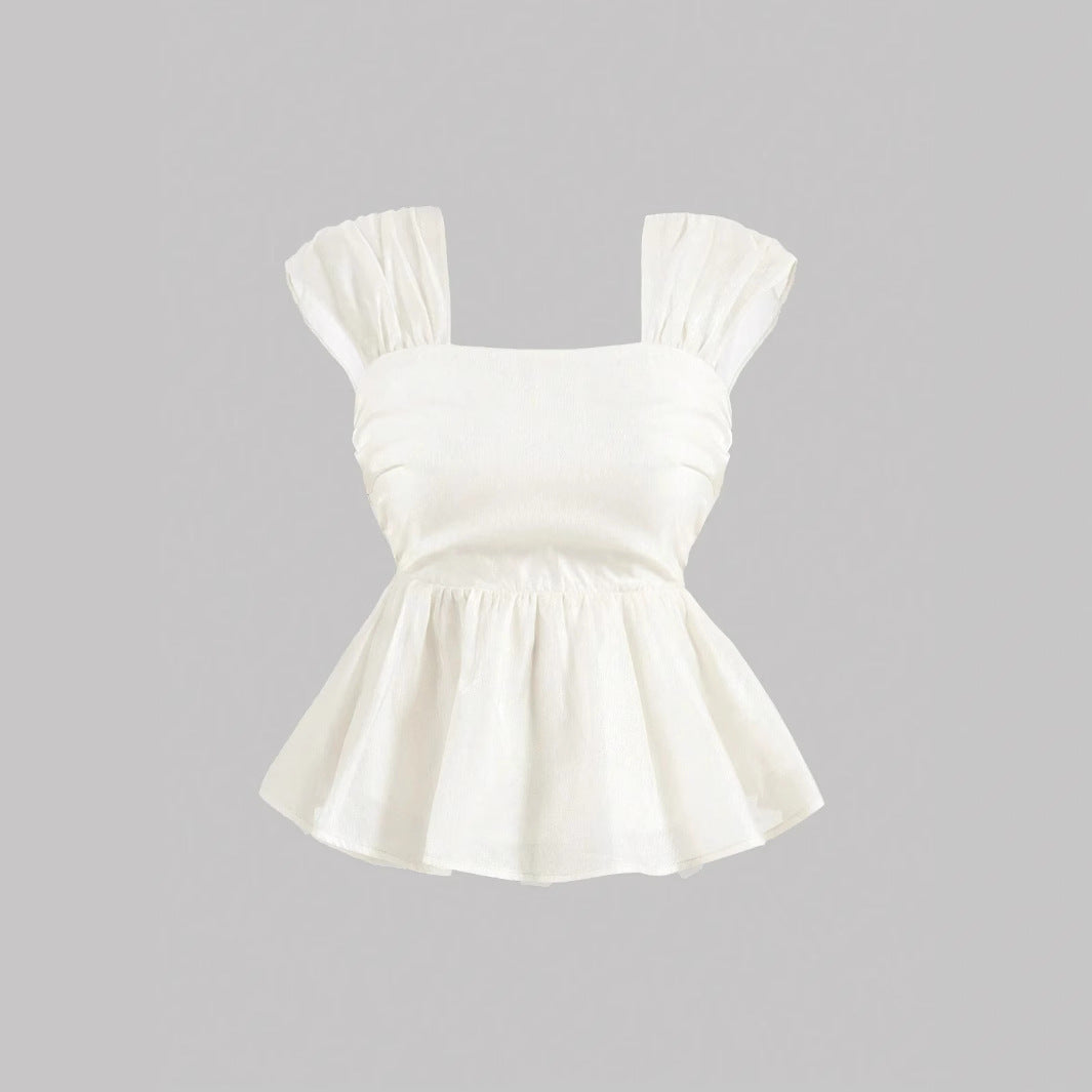 Summer Casual Cute Women's Top Loose Sleeveless Vest Square Collar  Style Pure Color Basic Version Midi Length - front view