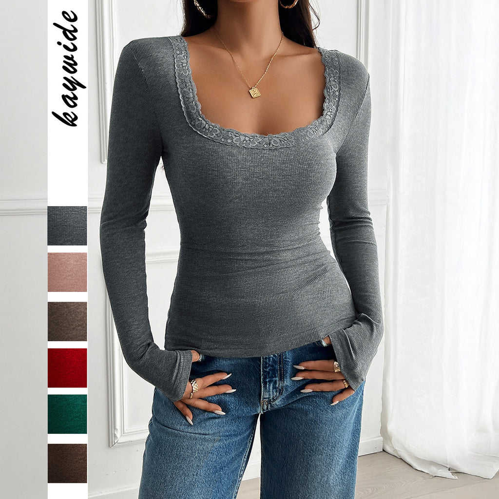 Slim Fit Knitted Long Sleeve Square Collar Autumn Winter  Style Women's Top Y2K Personality Fashionable Knitwear - front view