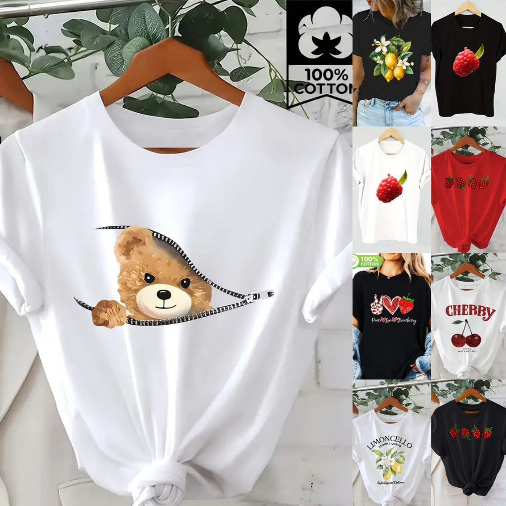Printed Short Sleeve T-Shirt Women's Top Princess Style Fresh Sweet Round Neck Polyester Fabric T-Shirt - front view