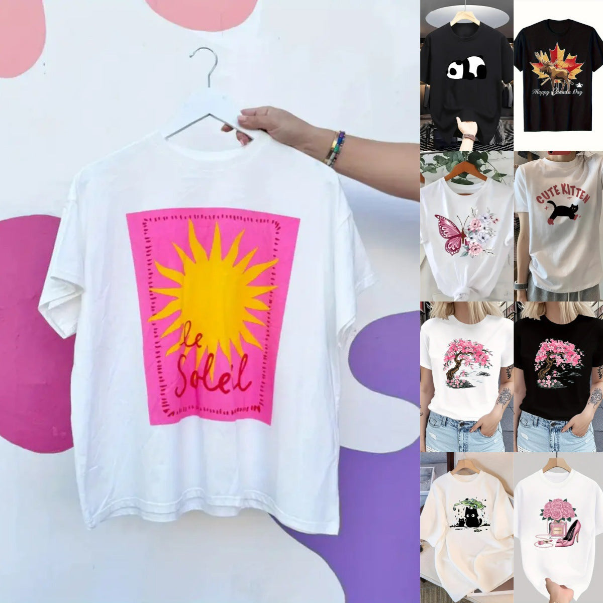 Short Sleeve T-Shirt Women's Top Printed Princess Style Sweet Fresh Round Neck Polyester Fabric T-Shirt - front view