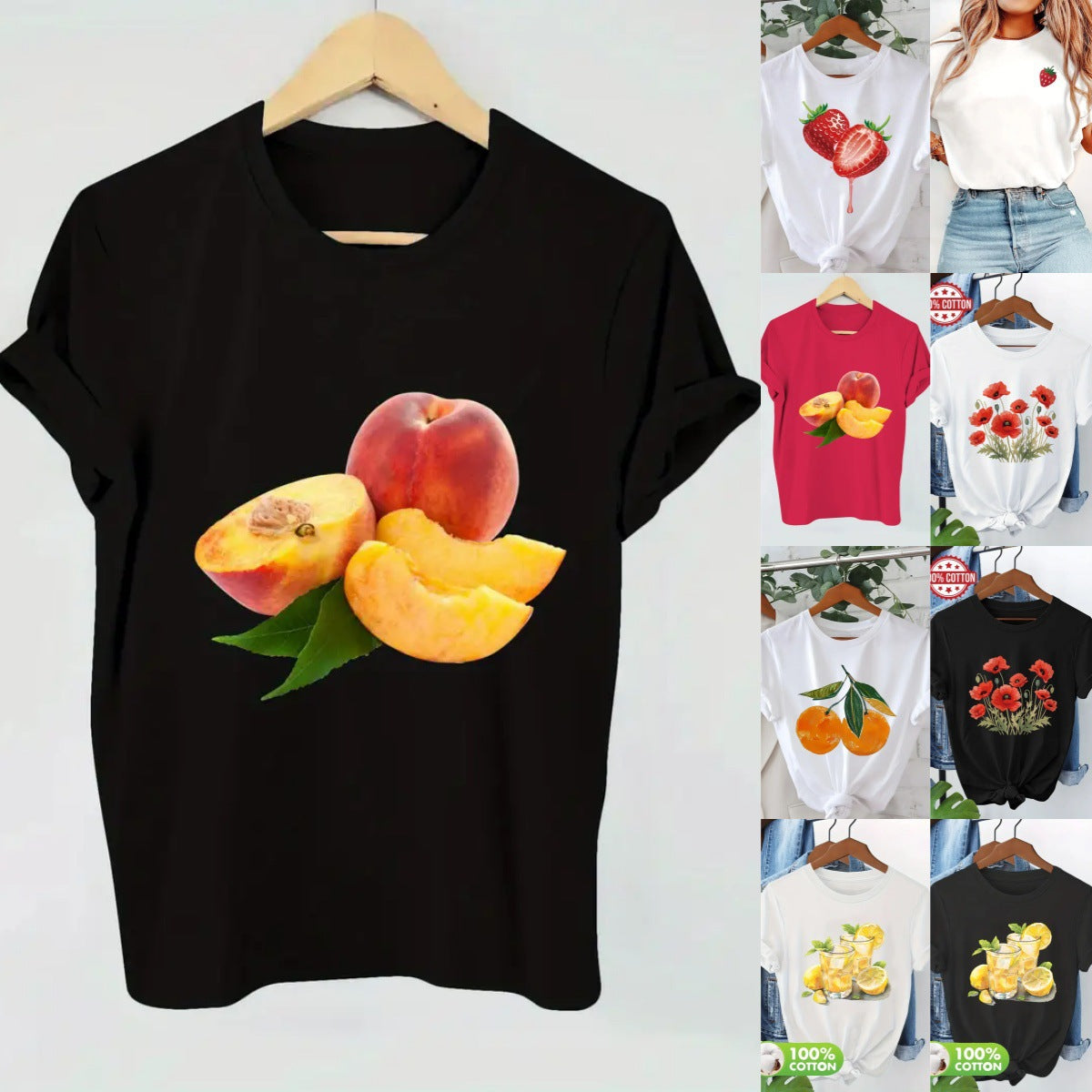 Short Sleeve T-Shirt Women's Top Printed Princess Style Sweet Fresh Round Neck Polyester Fabric T-shirt - front view