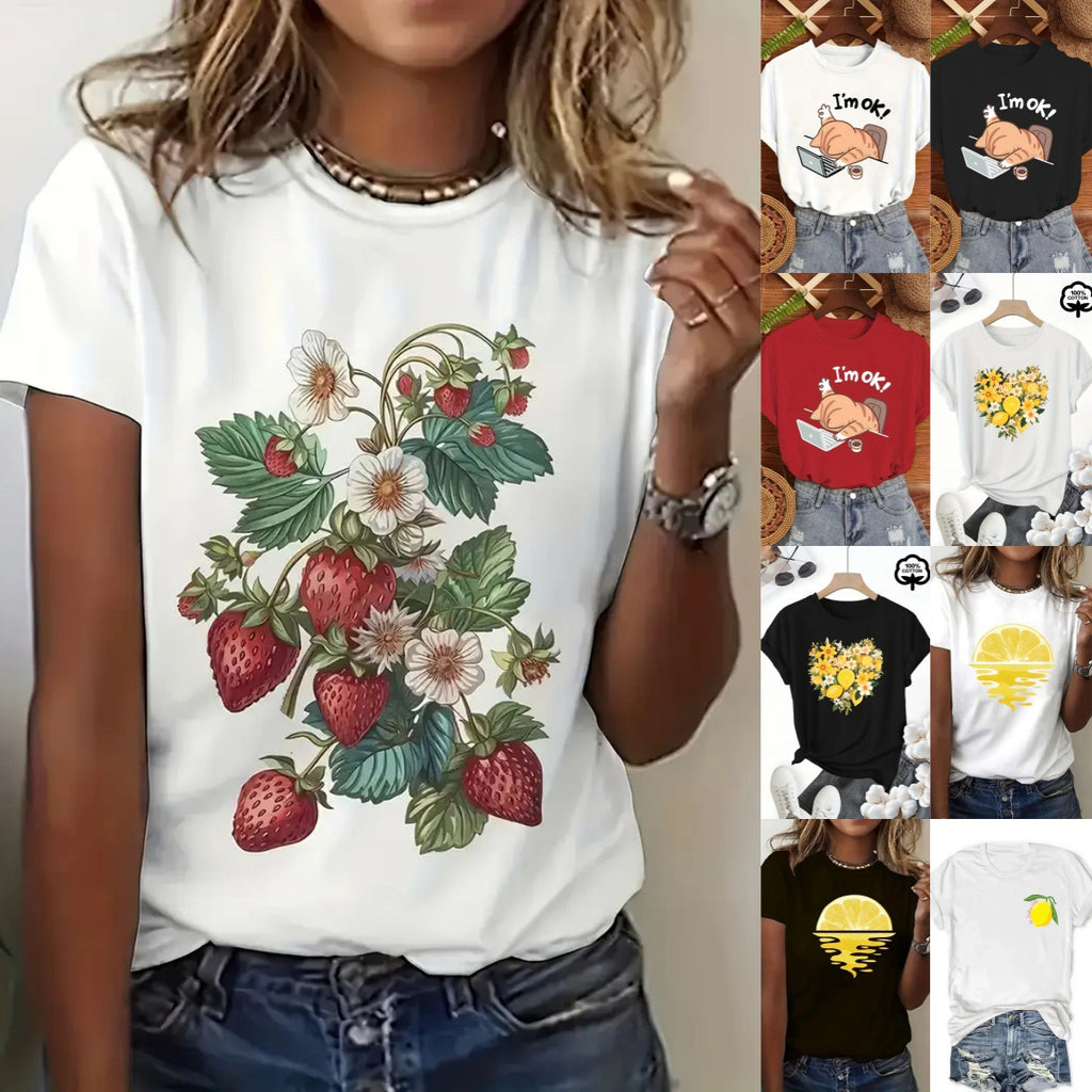 Short Sleeve T-Shirt Women's Top Printed Princess Style Sweet Fresh Round Neck Polyester Fabric T-Shirt - front view