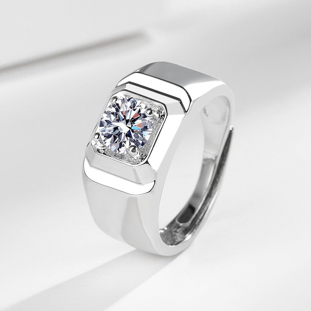 Adjustable High Carbon Diamond Men's Ring Fashionable Open Hand Jewelry Simulated Diamond Men's Ring Geometric Pattern Design - front view