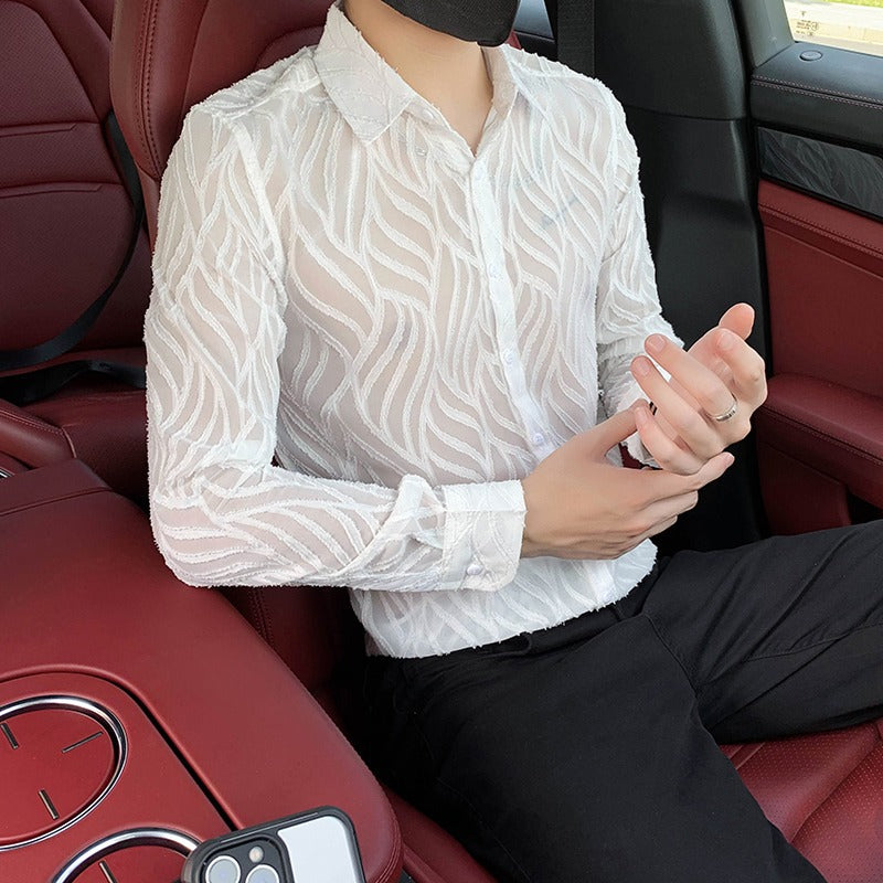 Casual Long Sleeve Men's Shirt Hollow Out Lace Design Nightclub Sexy Top Loose Fit Pure Color Summer Fashion Male Upperwear - front view