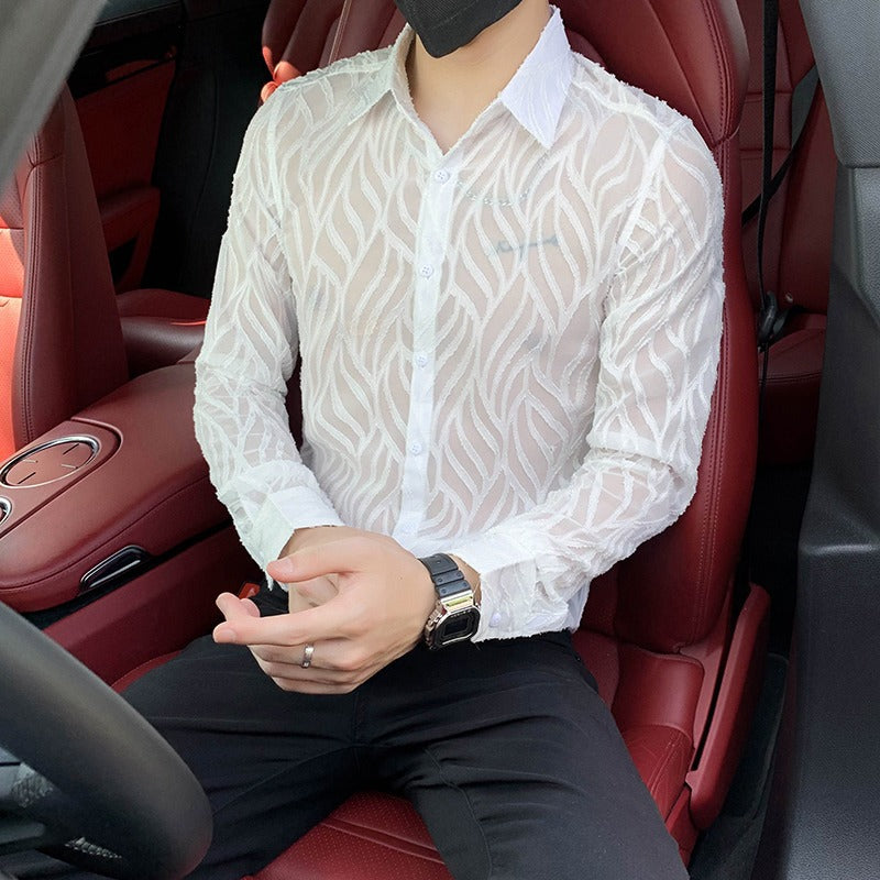 Casual Long Sleeve Men's Shirt Hollow Out Lace Design Nightclub Sexy Top Loose Fit Pure Color Summer Fashion Male Upperwear - view 2
