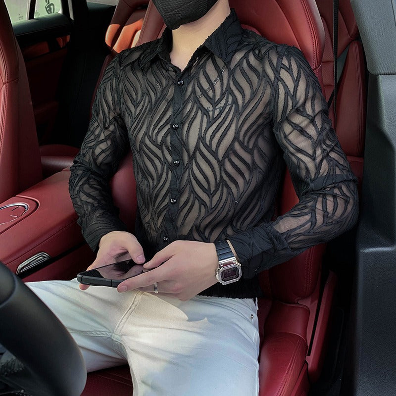 Casual Long Sleeve Men's Shirt Hollow Out Lace Design Nightclub Sexy Top Loose Fit Pure Color Summer Fashion Male Upperwear - view 3