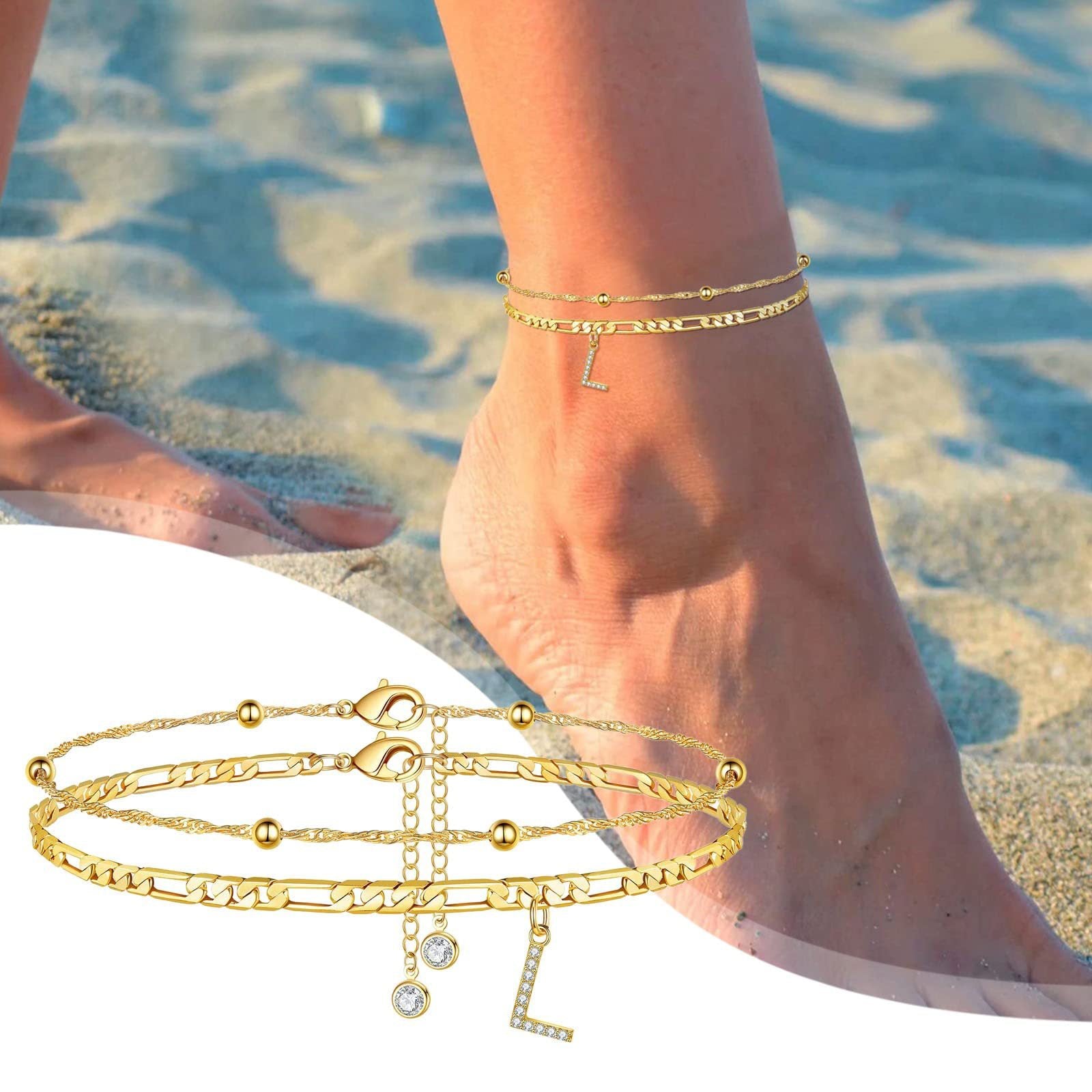 Two-layer Letter Anklet Stainless Steel Material 18K Gold Plated Fashion Initial Letter Anklet For Women Simple Style Anklet - front view