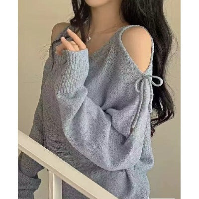 Early Autumn New New Style Sweet Shoulder Bared Bone Laced Loose Lightweight Knitted Long Sleeve Women's Top - view 2