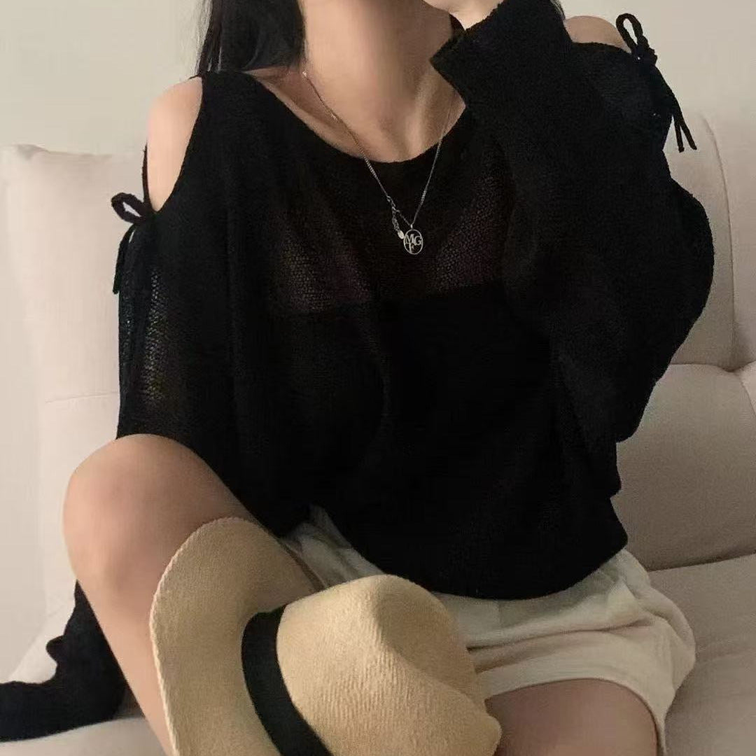 Early Autumn New New Style Sweet Shoulder Bared Bone Laced Loose Lightweight Knitted Long Sleeve Women's Top - view 3
