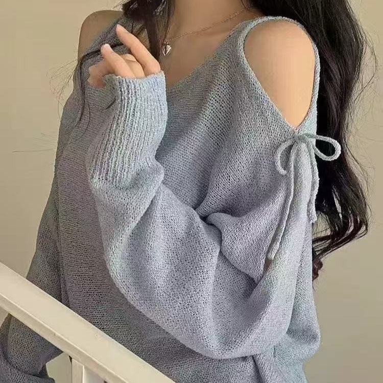 Early Autumn New New Style Sweet Shoulder Bared Bone Laced Loose Lightweight Knitted Long Sleeve Women's Top - view 4