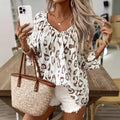 Elegant Commuter Kaki Leopard Print Shirt With Pleated 3/4 Sleeve Large V-Neck  Style Women's Top - front view