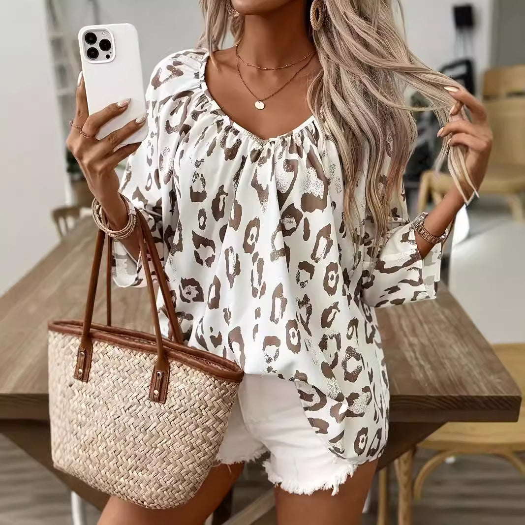 Elegant Commuter Kaki Leopard Print Shirt With Pleated 3/4 Sleeve Large V-Neck  Style Women's Top - front view