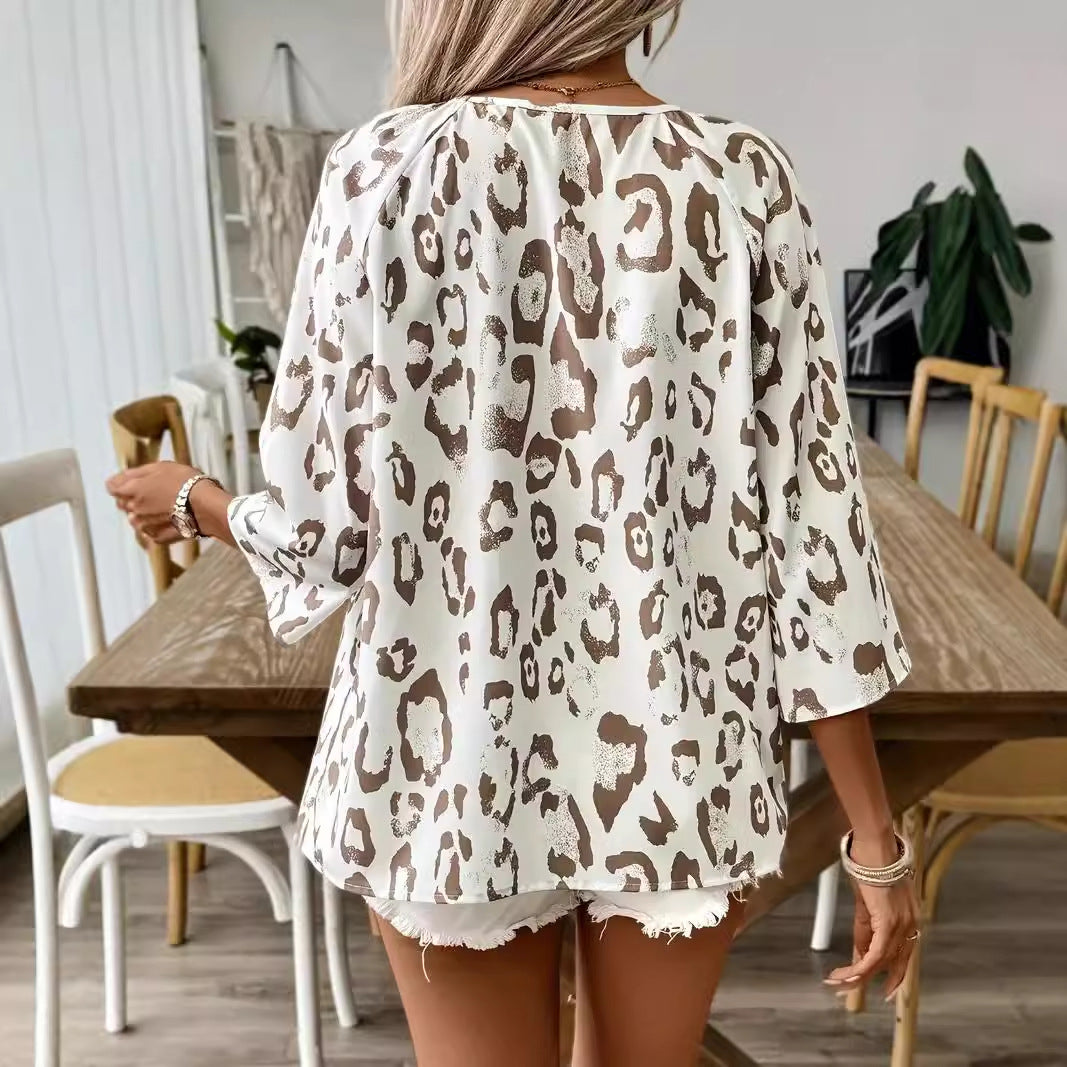 Elegant Commuter Kaki Leopard Print Shirt With Pleated 3/4 Sleeve Large V-Neck  Style Women's Top - view 2