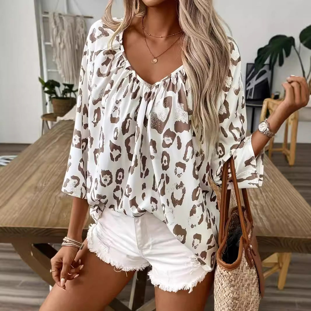 Elegant Commuter Kaki Leopard Print Shirt With Pleated 3/4 Sleeve Large V-Neck  Style Women's Top - view 4