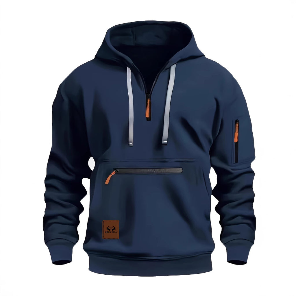Spring Autumn Men's Hoodie Sweatshirt Multiple Pockets Waterproof Zipper Casual Sportswear Comfortable Loose Fit Round Neck - front view