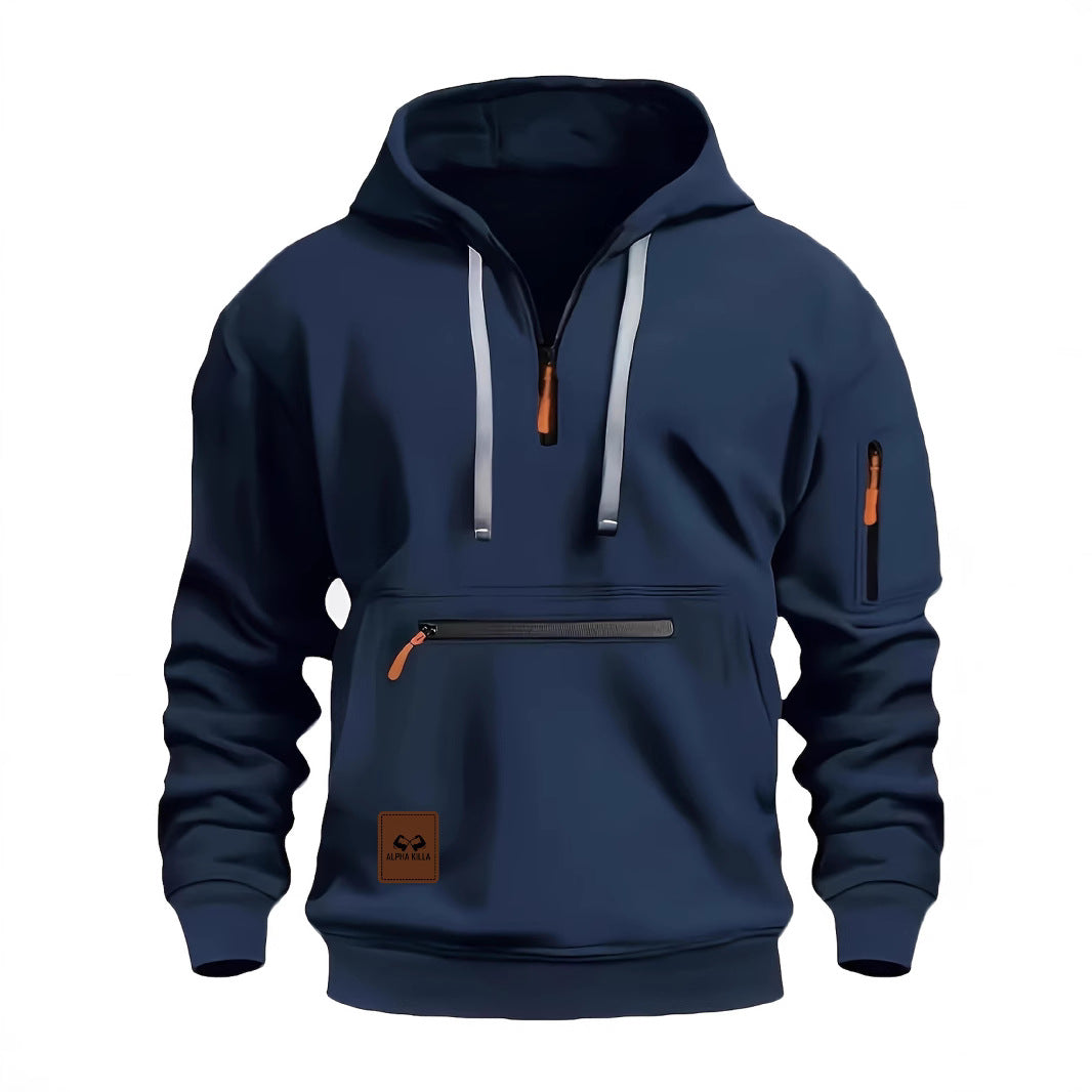 Spring Autumn Men's Hoodie Sweatshirt Multiple Pockets Waterproof Zipper Casual Sportswear Comfortable Loose Fit Round Neck - front view