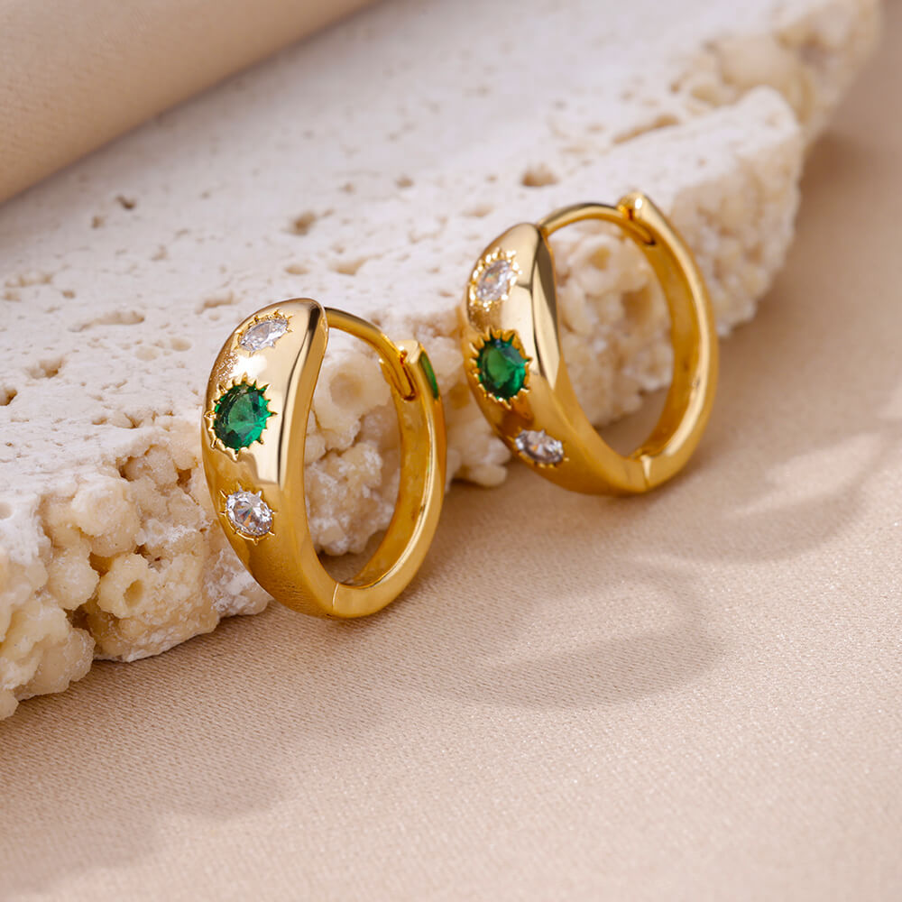 Gold Plated Green Zirconia Crystal Round Women's Earrings Sparkling Minimalist Geometric Ear Jewelry Suitable For Daily Commuting And Gift Giving - view 6