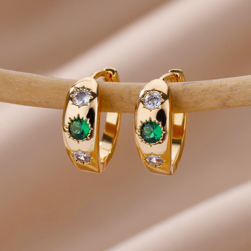 Gold Plated Green Zirconia Crystal Round Women's Earrings Sparkling Minimalist Geometric Ear Jewelry Suitable For Daily Commuting And Gift Giving - view 3