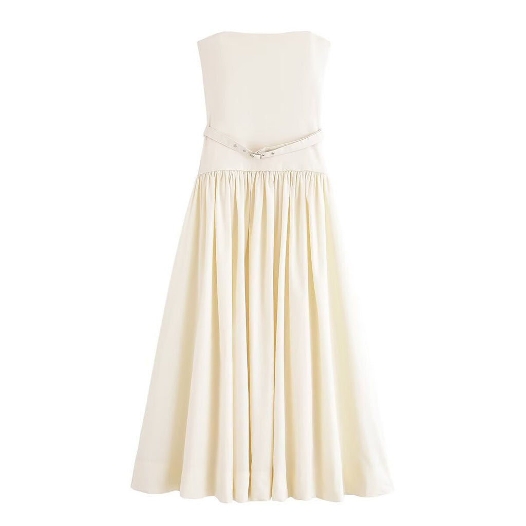 Fashionable Sexy European Women's Dress With Belt Splicing Strapless Maxi Dress Elegant Pure Color Polyester Sleeveless Gown - view 2