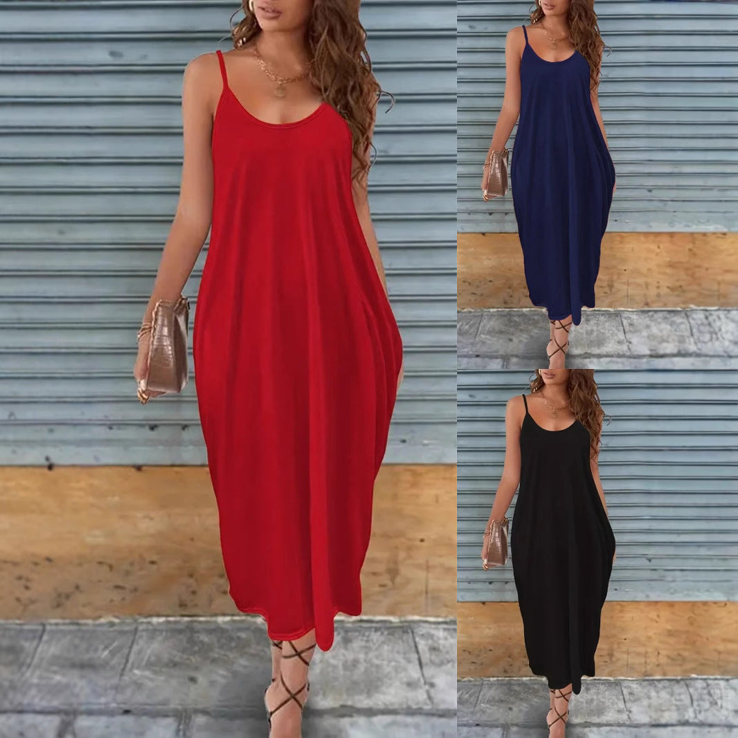 Designed  Foreign Trade Casual Dress  Solid Color Strap Women's Dress - front view