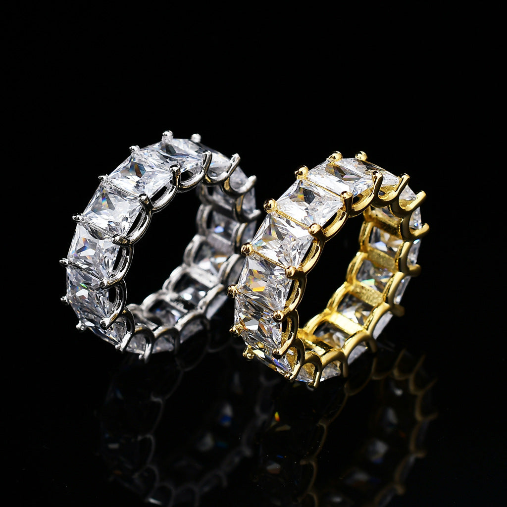 Men's Hip-Hop Ring Square Zircon 18K Gold Nightclub Ring Geometric Pattern Copper Material Adjustable Ring With Pendant Ring - front view