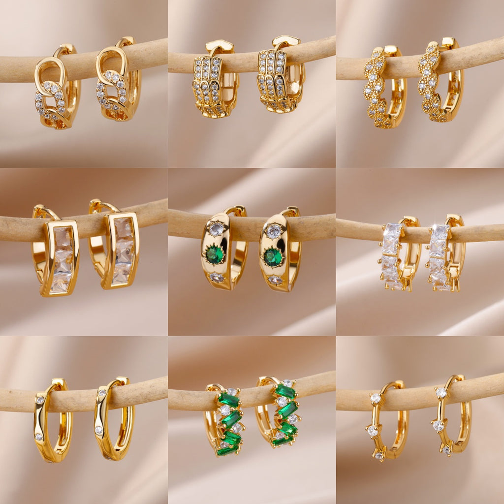 Gold Plated Green Zirconia Crystal Round Women's Earrings Sparkling Minimalist Geometric Ear Jewelry Suitable For Daily Commuting And Gift Giving - front view