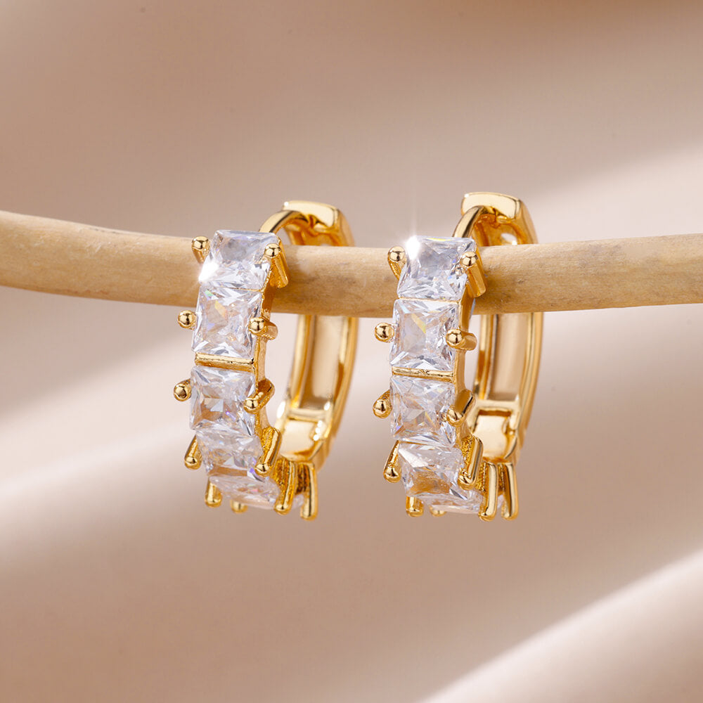 Gold Plated Green Zirconia Crystal Round Women's Earrings Sparkling Minimalist Geometric Ear Jewelry Suitable For Daily Commuting And Gift Giving - view 4