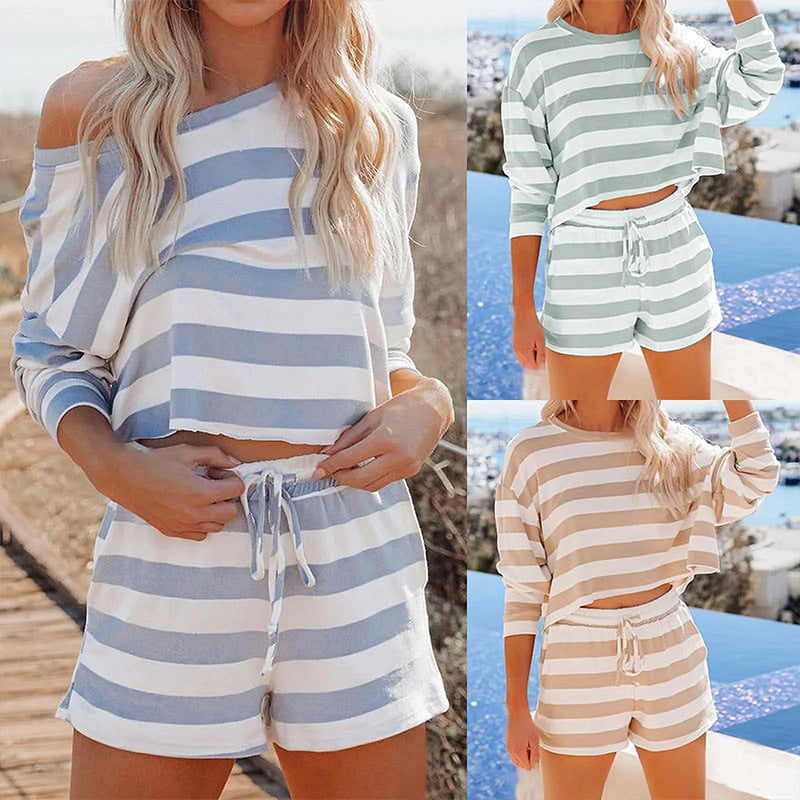Casual Stripe Long Sleeve Round Neck Women's Top And Shorts Set   Style Fashionable Comfortable Outfit - front view