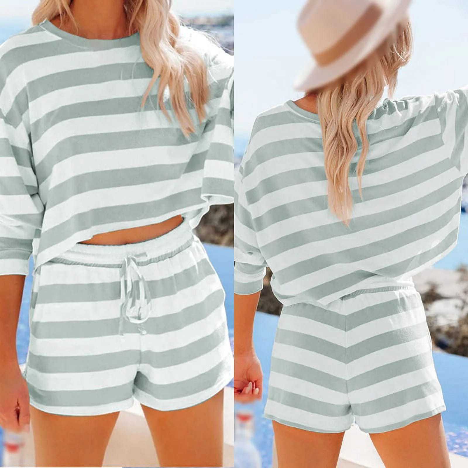 Casual Stripe Long Sleeve Round Neck Women's Top And Shorts Set   Style Fashionable Comfortable Outfit - view 3