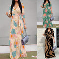 Elegant  Style Women's Dress With Wave Pattern And Bow Design Ankle-Length Skirt Sleeveless V-Neck Dress - front view