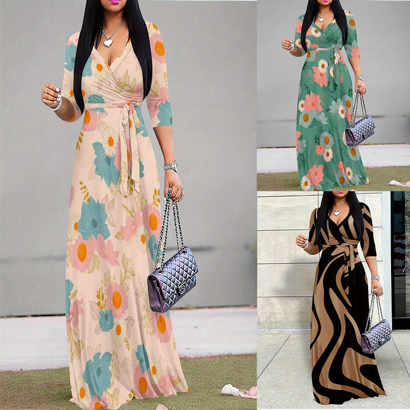 Elegant  Style Women's Dress With Wave Pattern And Bow Design Ankle-Length Skirt Sleeveless V-Neck Dress - front view