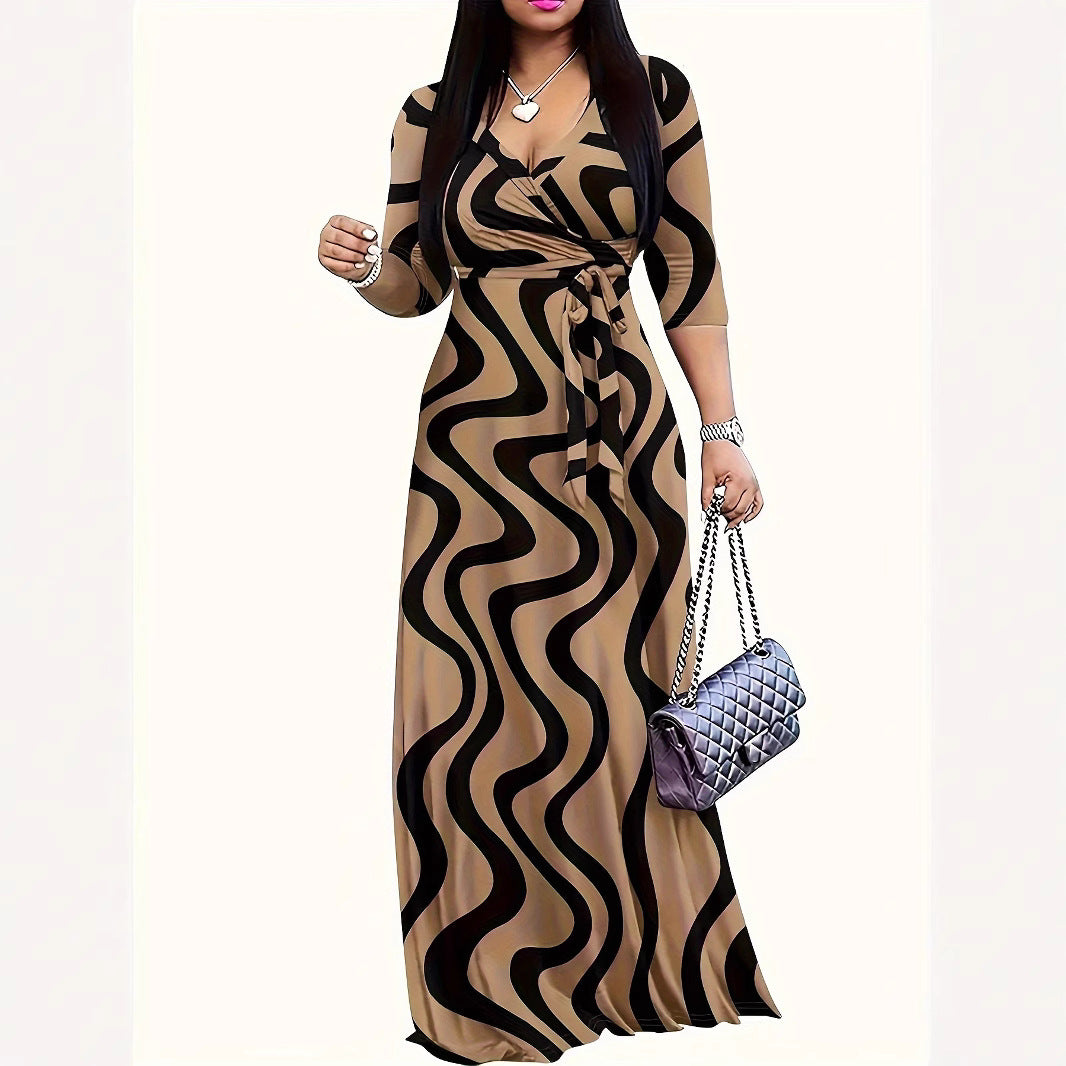 Elegant  Style Women's Dress With Wave Pattern And Bow Design Ankle-Length Skirt Sleeveless V-Neck Dress - view 4