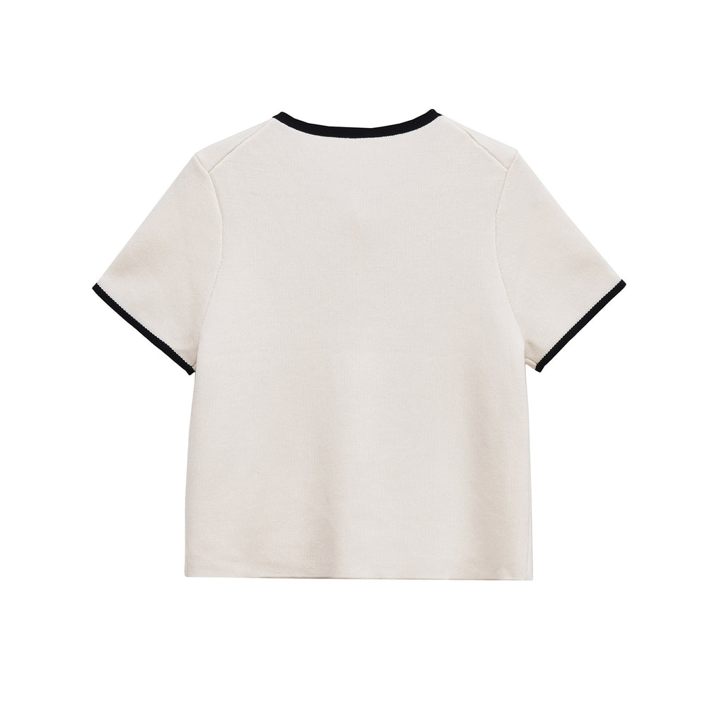 Fashionable Color Block Knitted Round Neck Short Sleeve Women's Top Elegant Style Polyester Acrylic Fabric Three Quarter Sleeve - view 3