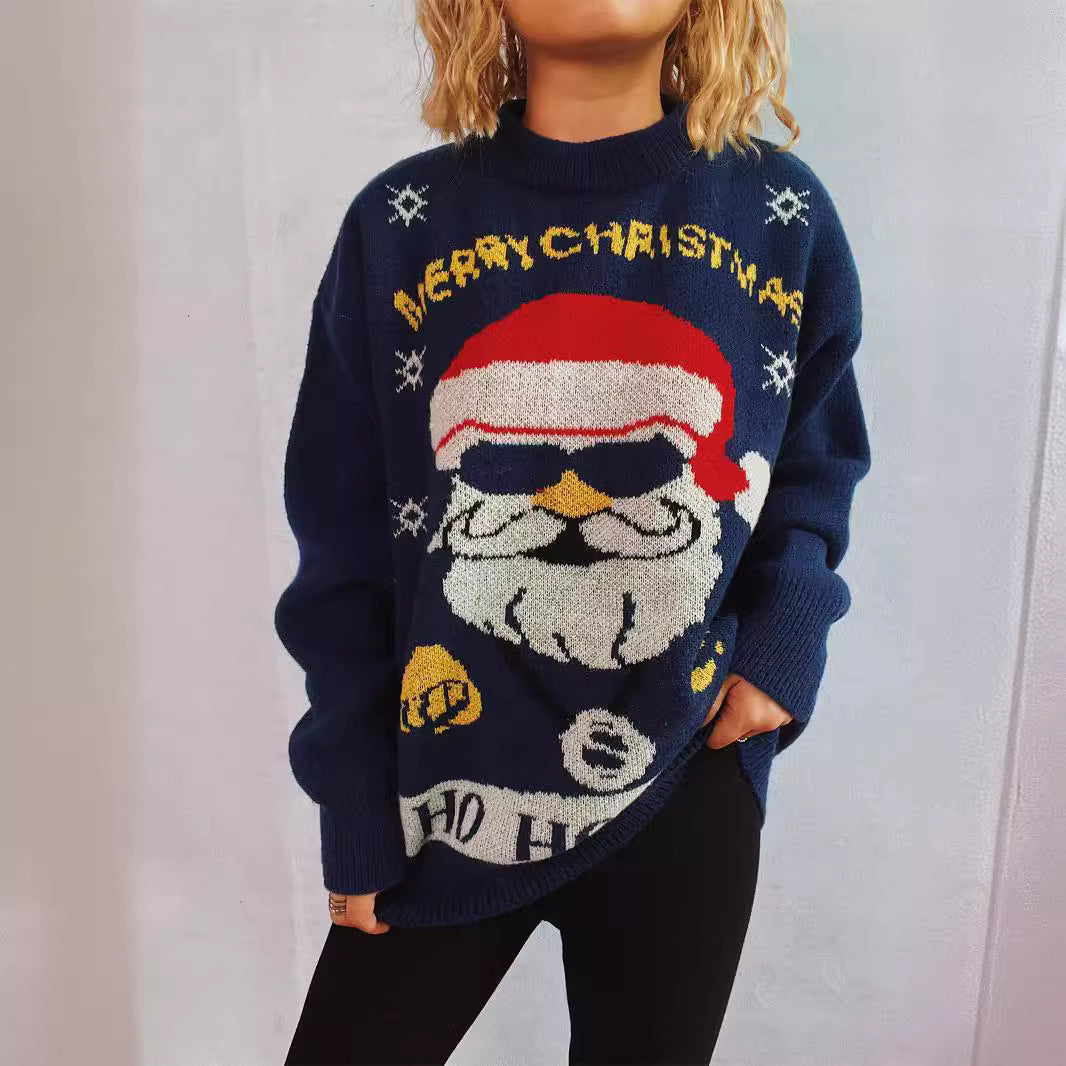 Customized T40717 Christmas Santa Claus Pattern Long Sleeve Knitted Sweater Round Neckline Fashionable Street Style Women's Top - front view