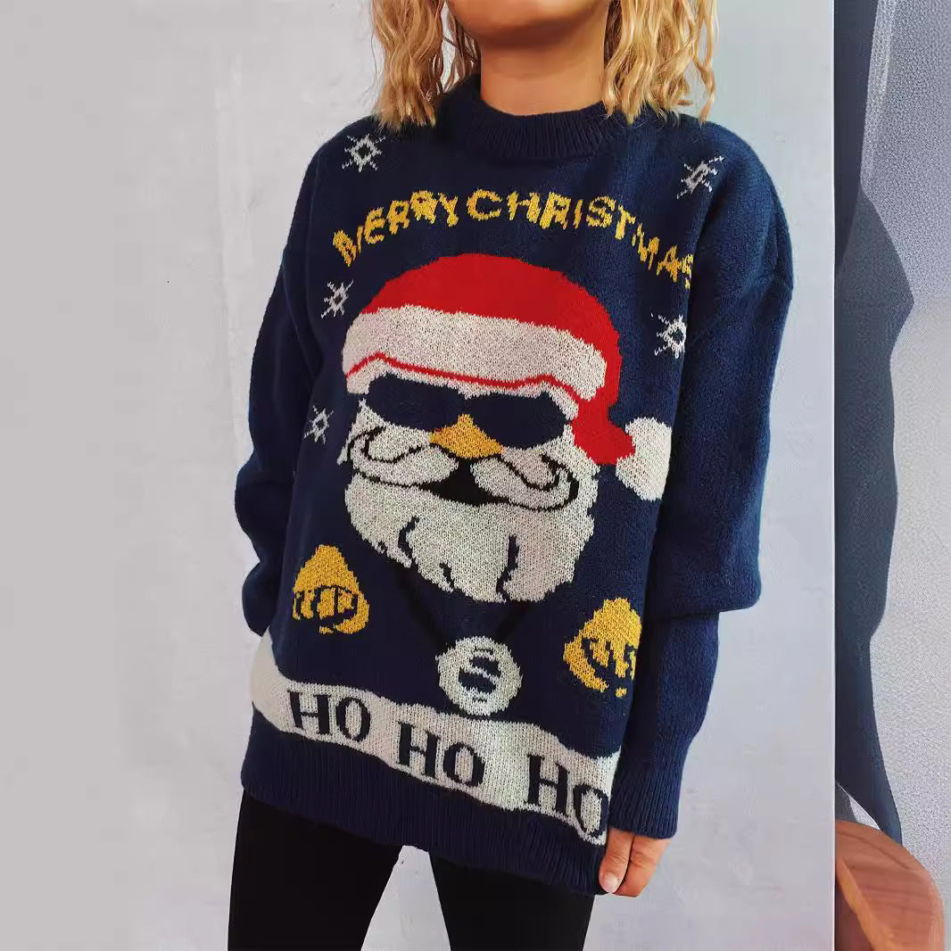 Customized T40717 Christmas Santa Claus Pattern Long Sleeve Knitted Sweater Round Neckline Fashionable Street Style Women's Top - view 2