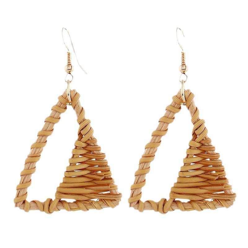 Fashionable Retro Wooden Handwoven Hollow Triangle Pattern Ear Cuffs Vintage Style Wickerwork Dangle Earrings For Unisex - view 5