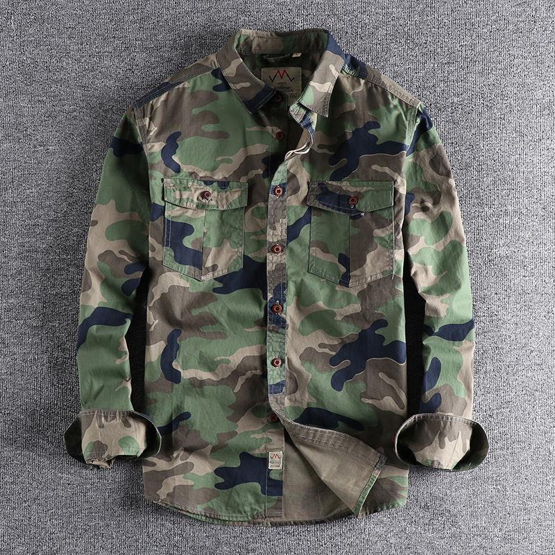 American Workwear Camouflage Double Pocket Long Sleeve Loose Men's Shirt Resistant To Wear Washed Green Casual Spring Top - front view