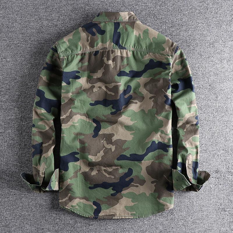 American Workwear Camouflage Double Pocket Long Sleeve Loose Men's Shirt Resistant To Wear Washed Green Casual Spring Top - view 2