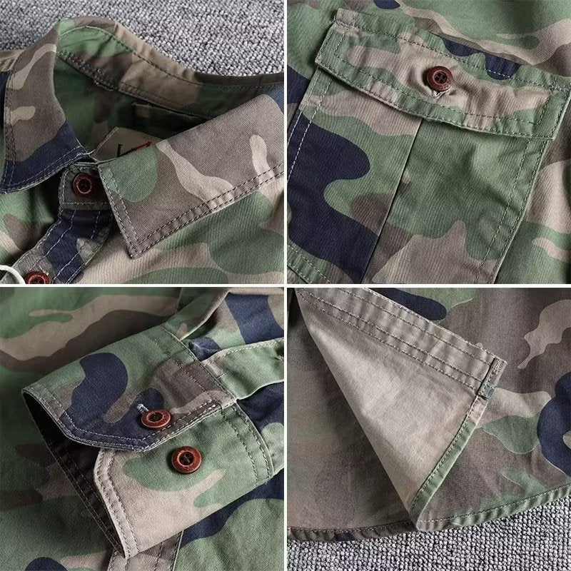 American Workwear Camouflage Double Pocket Long Sleeve Loose Men's Shirt Resistant To Wear Washed Green Casual Spring Top - view 3