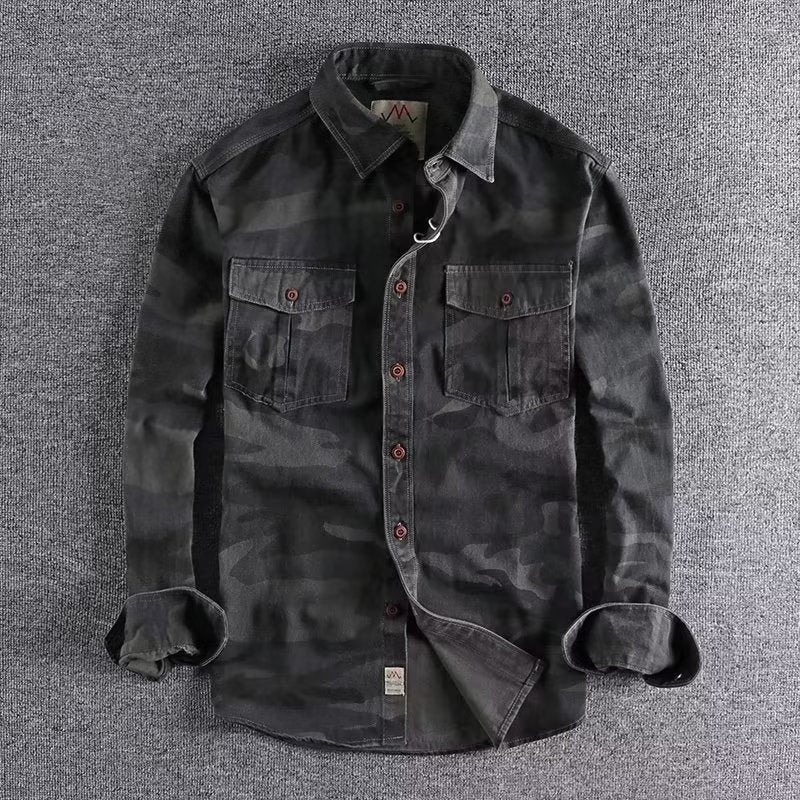 American Workwear Camouflage Double Pocket Long Sleeve Loose Men's Shirt Resistant To Wear Washed Green Casual Spring Top - view 4
