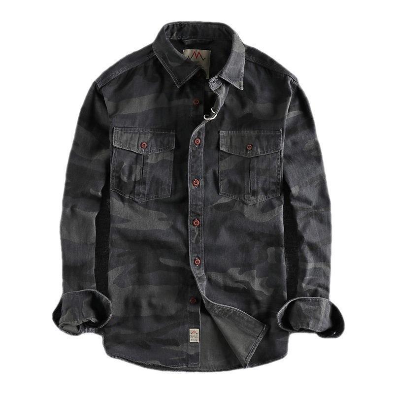 American Workwear Camouflage Double Pocket Long Sleeve Loose Men's Shirt Resistant To Wear Washed Green Casual Spring Top - view 5