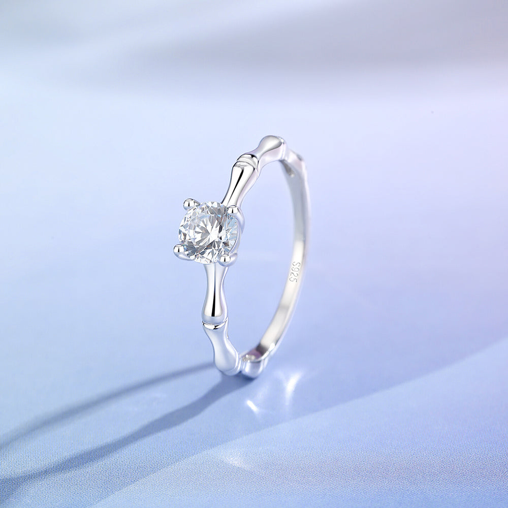 Moissanite Zircon 925 Sterling Silver Open Rings Rings Bamboo Electroplated Rhodium Plated Open Rings Rings - front view