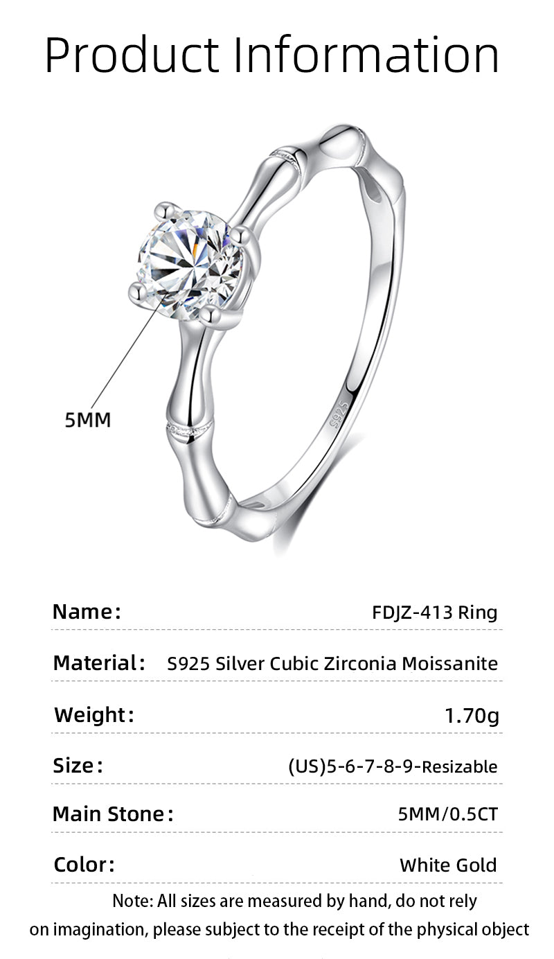 Moissanite Zircon 925 Sterling Silver Open Rings Rings Bamboo Electroplated Rhodium Plated Open Rings Rings - view 2