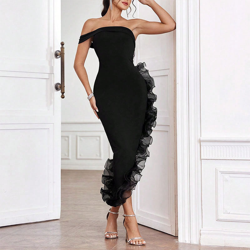 Summer  Sexy  Style Women's Dress With Lace Trim Asymmetrical Bodycon Polyester One-Shoulder Sleeveless - front view