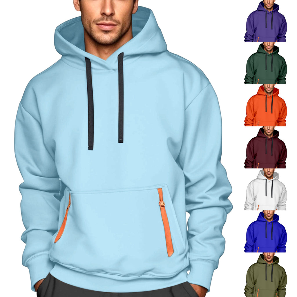 Customizable Logo Fashion Innovative Men's Hoodie Outerwear With Sash Casual Pure Color V-Neck Long Sleeve Winter Polyester Blend - front view